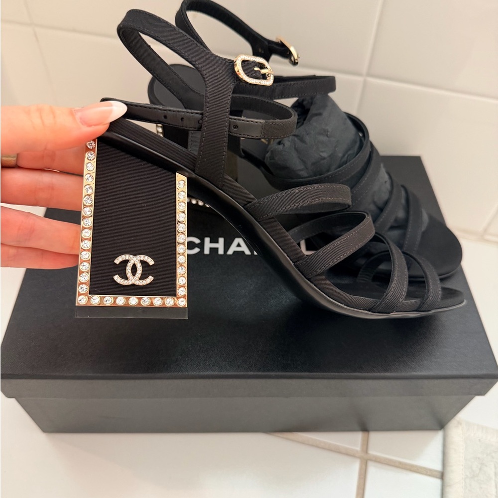 CHANEL Black Strappy Heels with Gold Accents
